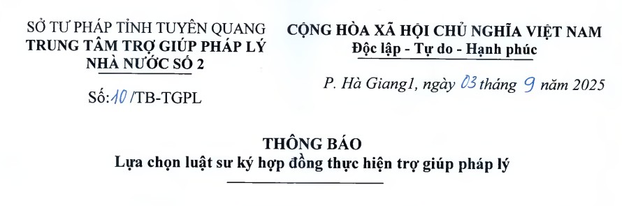 Thông báo Lựa chọn luật sư ký hợp đồng thực hiện Trợ giúp pháp lý