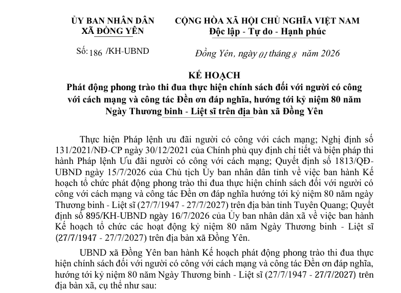 Số: 186/KH-UBND KẾ HOẠCH  Phát động phong trào thi đua thực hiện chính sách đối với người có công  với cách mạng và công tác Đền ơn đáp nghĩa, hướng tới kỷ niệm 80 năm  Ngày Thương binh - Liệt sĩ trên địa bàn xã Đồng Yên 