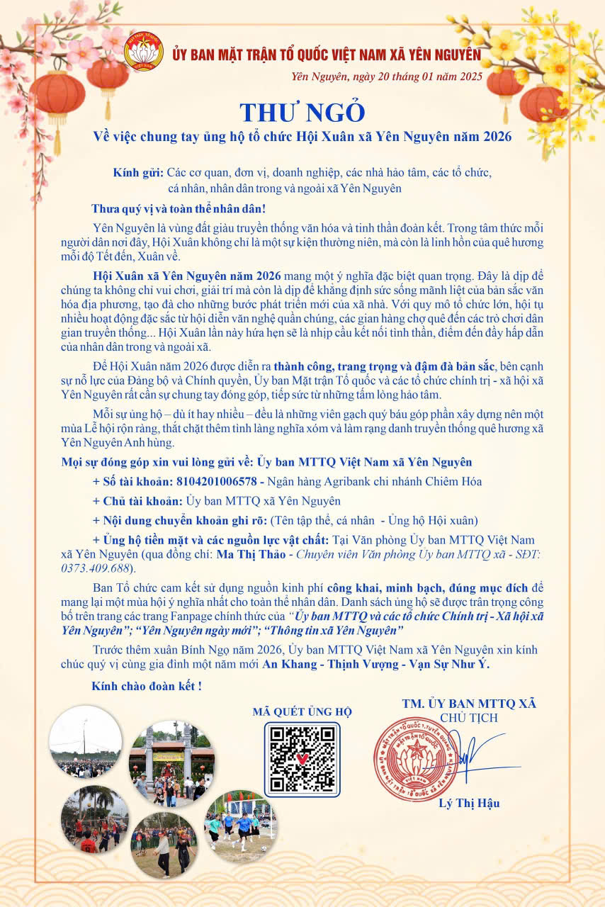 Thư ngỏ về việc chung tay ủng hộ tổ chức Hội Xuân xã Yên Nguyên năm 2026