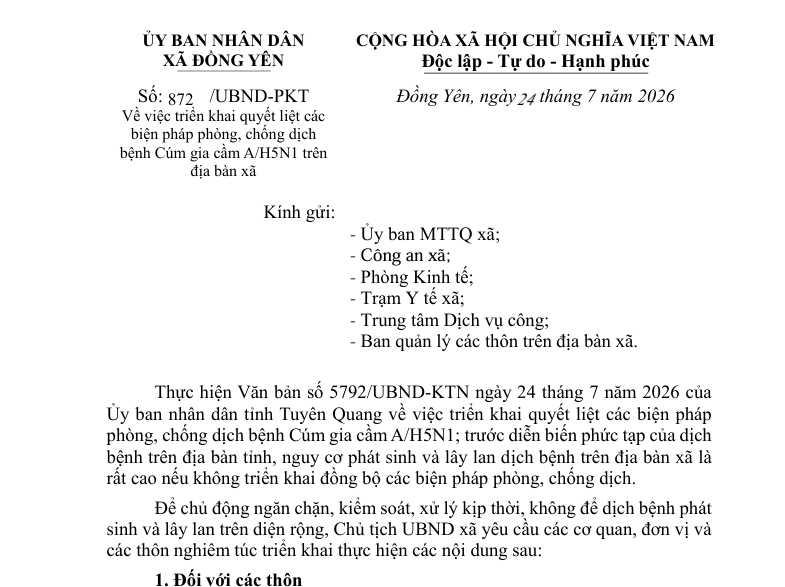 Số:  872/UBND-PKT  Về việc triển khai quyết liệt các  biện pháp phòng, chống dịch  bệnh Cúm gia cầm A/H5N1 trên  địa bàn xã 