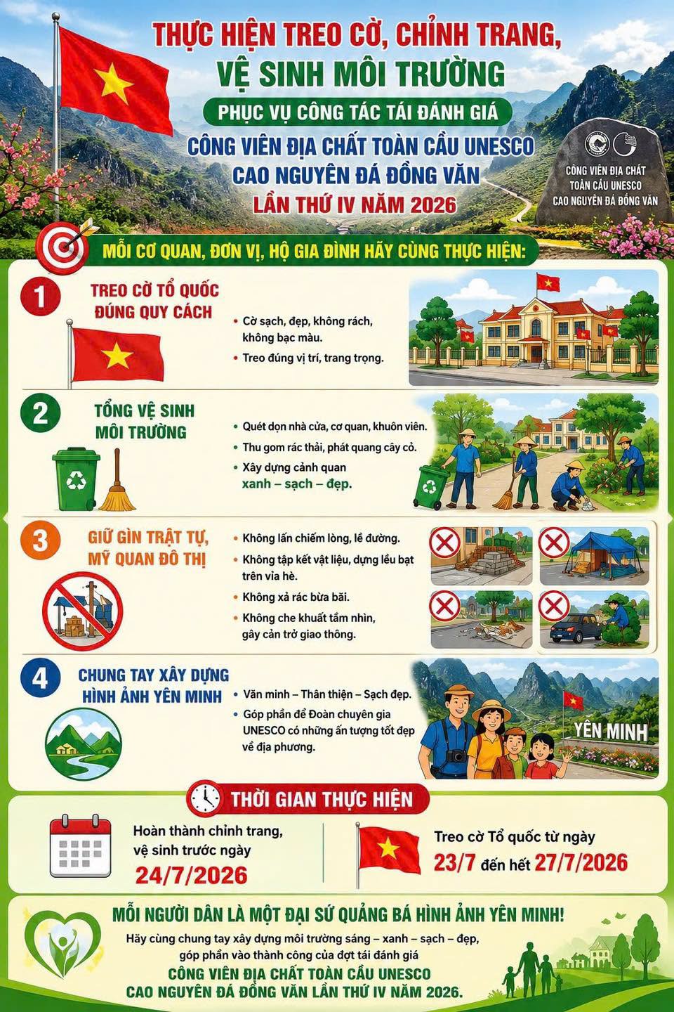 THỰC HIỆN TREO CỜ, CHỈNH TRANG, VỆ SINH MÔI TRƯỜNG PHỤC VỤ CÔNG TÁC TÁI ĐÁNH GIÁ CÔNG VIÊN ĐỊA CHẤT TOÀN CẦU UNESCO CAO NGUYÊN ĐÁ ĐỒNG VĂN LẦN THỨ IV NĂM 2026