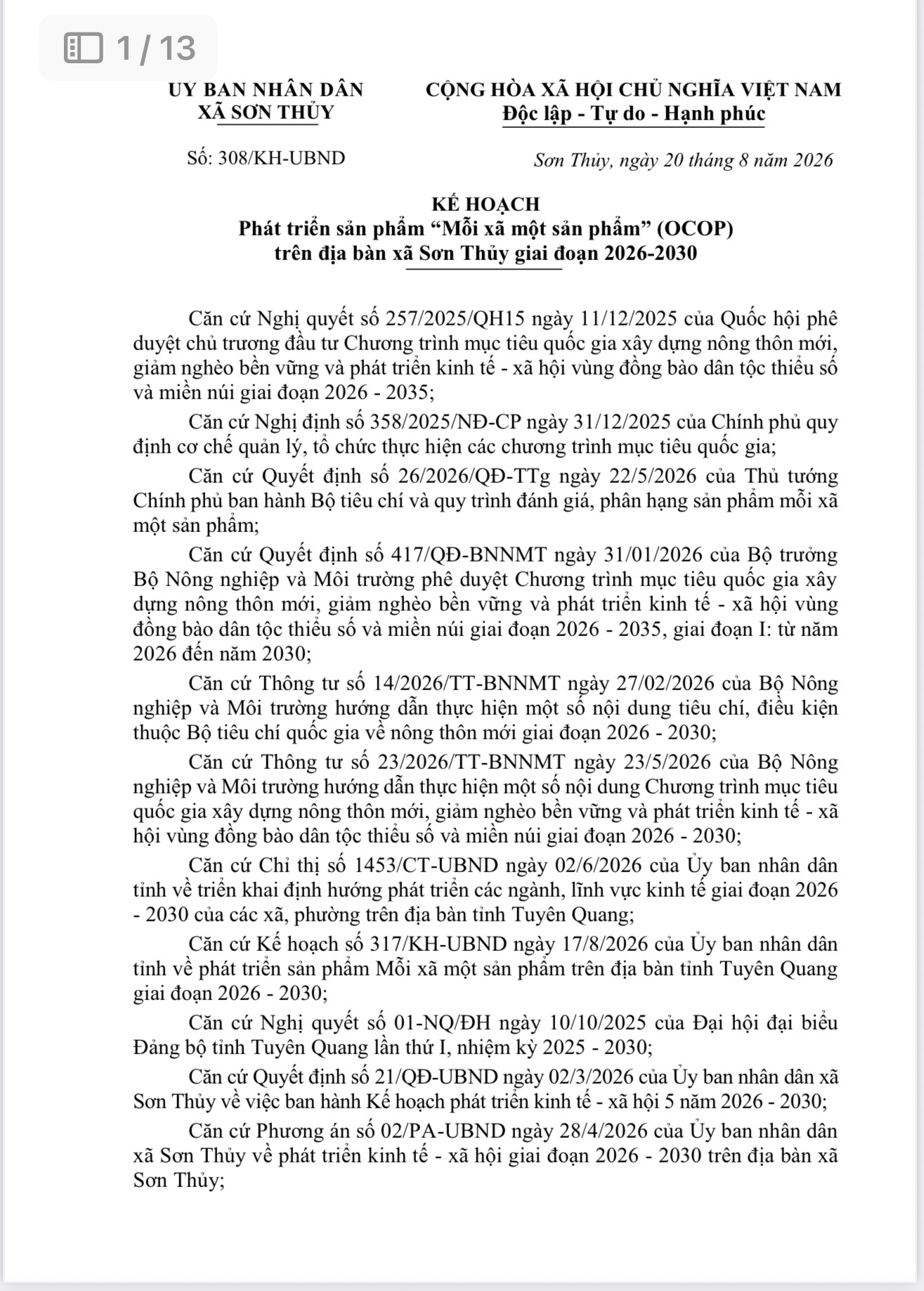 KẾ HOẠCH Phát triển sản phẩm “Mỗi xã một sản phẩm” (OCOP) trên địa bàn xã Sơn Thủy giai đoạn 2026-2030