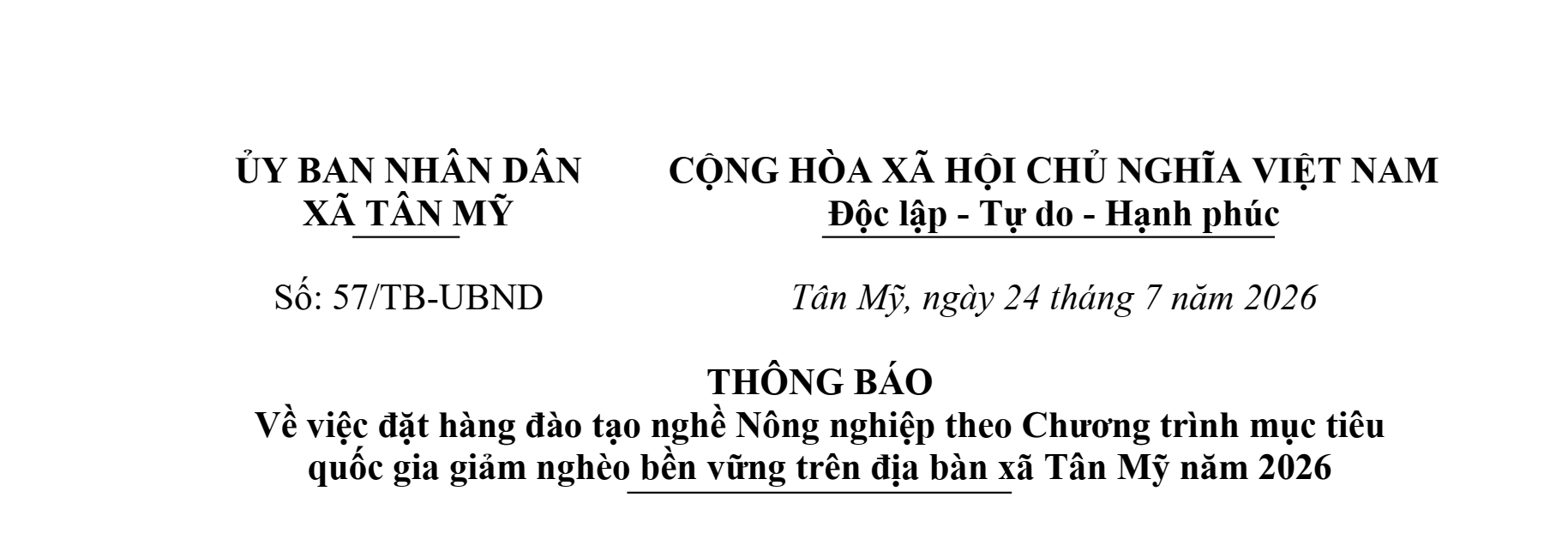 THÔNG BÁO Về việc đặt hàng đào tạo nghề Nông nghiệp theo Chương trình mục tiêu quốc gia giảm nghèo bền vững trên địa bàn xã Tân Mỹ năm 2026
