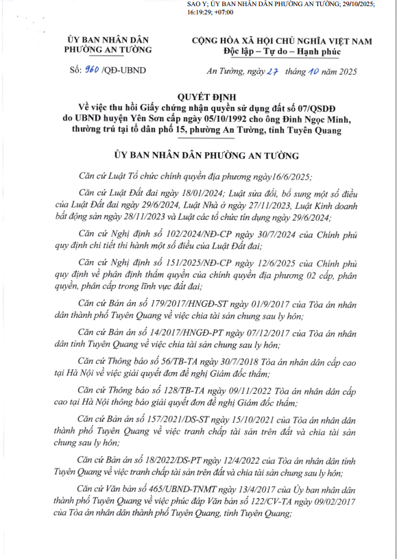 Quyết định Về việc thu hồi Giấy chứng nhận quyền sử dụng đất số 07/QSDĐ do UBND huyện Yên Sơn cấp ngày 05/10/1992 cho ông Đinh Ngọc Minh, thường trú tại tổ dân phố 15, phường An Tường, tỉnh Tuyên Quang