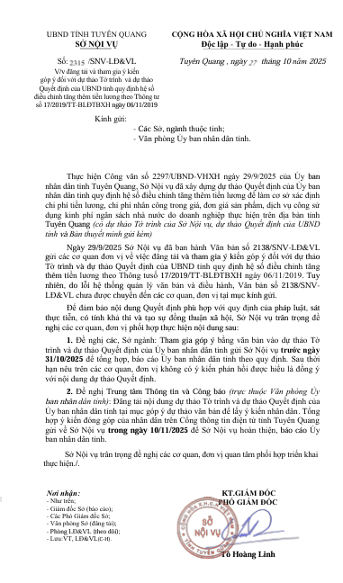 Góp ý dự thảo Tờ trình, Quyết định của UBND tỉnh quy định hệ số điều chỉnh tăng thêm tiền lương theo Thông tư số 17/2019/TT-BLĐTBXH ngày 06/11/2019