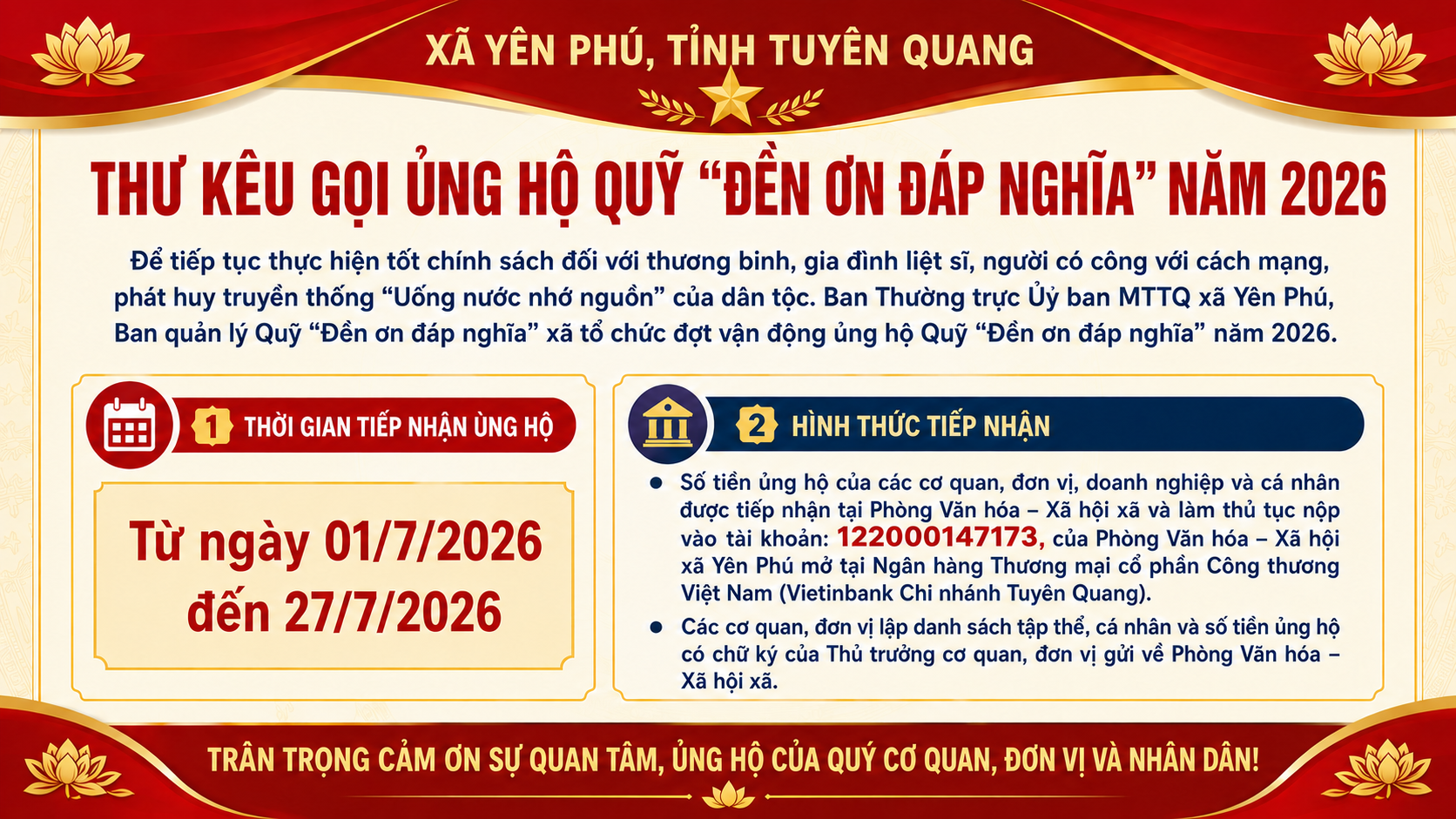 THÔNG BÁO VỀ VIỆC KÊU GỌI ỦNG HỘ QUỸ "ĐỀN ƠN ĐÁP NGHĨA" NĂM 2026