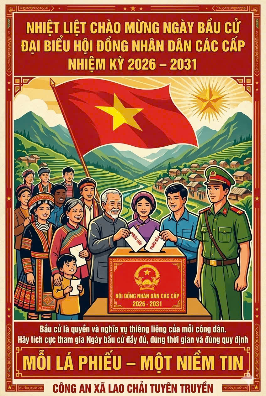 CÔNG AN XÃ LAO CHẢI ĐỒNG HÀNH CÙNG NHÂN DÂN BẢO ĐẢM NGÀY BẦU CỬ AN TOÀN, DÂN CHỦ, ĐÚNG PHÁP LUẬT.”