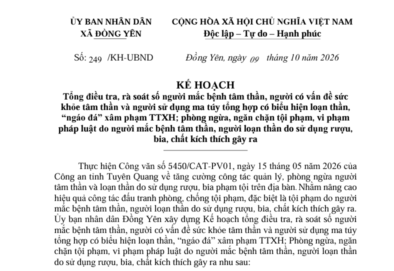 Số: 249/KH-UBND  KẾ HOẠCH  tháng 10 năm 2026  Tổng điều tra, rà soát số người mắc bệnh tâm thần, người có vấn đề sức  khỏe tâm thần và người sử dụng ma túy tổng hợp có biểu hiện loạn thần,  “ngáo đá” xâm phạm TTXH; phòng ngừa, ngăn chặn tội phạm, vi phạm  pháp luật do người mắc bệnh tâm thần, người loạn thần do sử dụng rượu,  bia, chất kích thích gây ra 