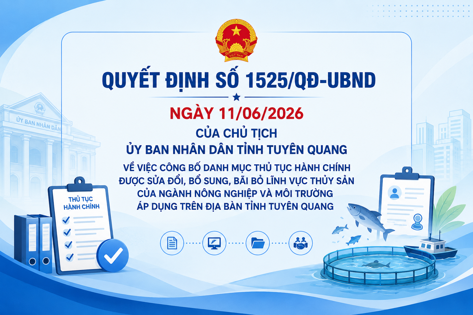 Quyết định số 1525/QĐ-UBND ngày 11/06/2026 của Chủ tịch Ủy ban nhân dân tỉnh Tuyên Quang về việc công bố Danh mục thủ tục hành chính được sửa đổi, bổ sung, bãi bỏ lĩnh vực thuỷ sản của ngành Nông nghiệp và Môi trường áp dụng trên địa bàn tỉnh Tuyên Quang