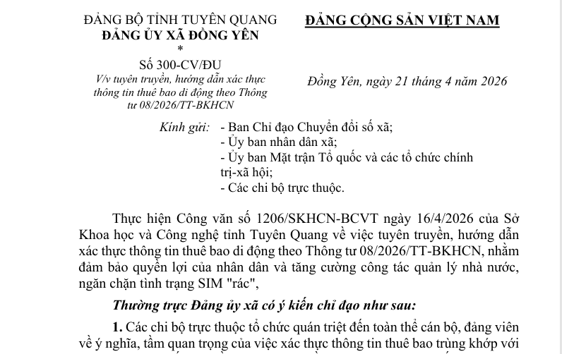 Số 300-CV/ĐU V/v tuyên truyền, hướng dẫn xác thực thông tin thuê bao di động theo Thông tư 08/2026/TT-BKHCN
