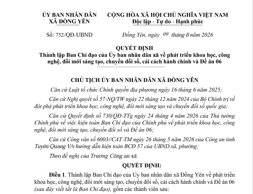 Số: 752/QĐ-UBND QUYẾT ĐỊNH  Thành lập Ban Chỉ đạo của Ủy ban nhân dân xã về phát triển khoa học, công  nghệ, đổi mới sáng tạo, chuyển đổi số, cải cách hành chính và Đề án 06 