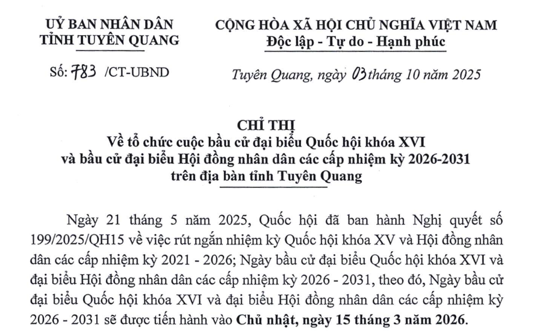 Chỉ thị về tổ chức cuộc bầu cử đại biểu Quốc hội khoá XVI và bầu cử đại biểu HĐND các cấp nhiệm kỳ 2026-2031 trên địa bàn tỉnh Tuyên Quang