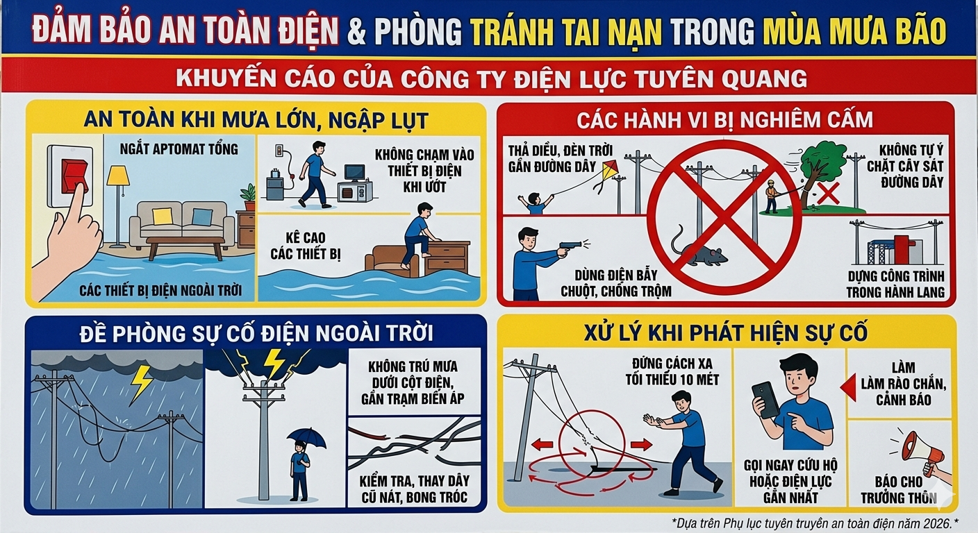 ĐẢM BẢO AN TOÀN ĐIỆN VÀ PHÒNG TRÁNH TAI NẠN TRONG MÙA MƯA BÃO.