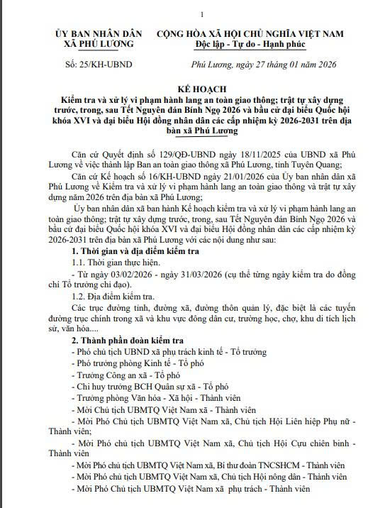 UBND XÃ PHÚ LƯƠNG TĂNG CƯỜNG KIỂM TRA, XỬ LÝ VI PHẠM HÀNH LANG AN TOÀN GIAO THÔNG TRƯỚC, TRONG VÀ SAU TẾT NGUYÊN ĐÁN BÍNH NGỌ 2026