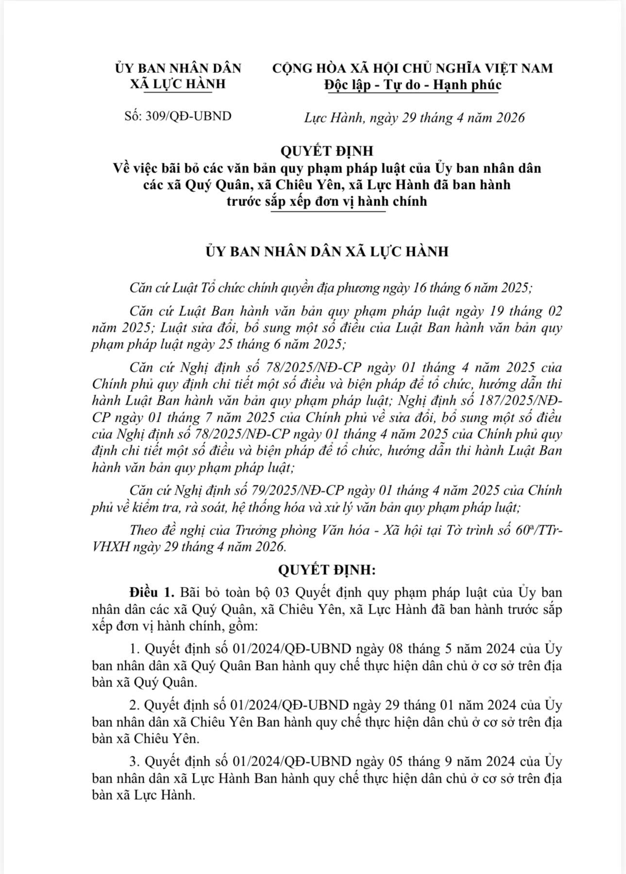 Quyết định về việc bãi bỏ các văn bản quy phạm pháp luật của Ủy ban nhân dân các xã Quý Quân, xã Chiêu Yên, xã Lực Hành đã ban hành trước sắp xếp đơn vị hành chính
