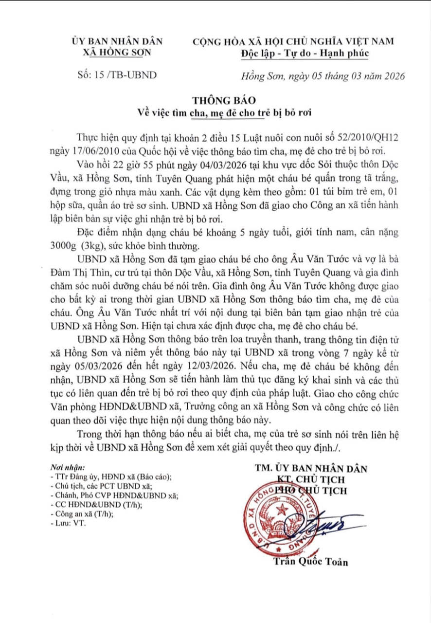 Thông báo về việc tìm cha, mẹ đẻ hoặc người thân của trẻ bị bỏ rơi