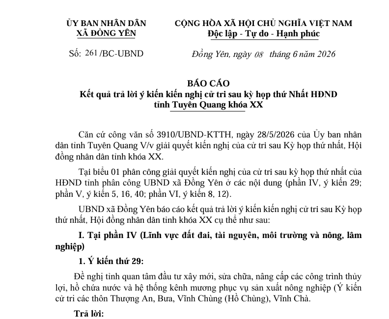 Số: 261/BC-UBND  BÁO CÁO  Kết quả trả lời ý kiến kiến nghị cử tri sau kỳ họp thứ Nhất HĐND   tỉnh Tuyên Quang khóa XX