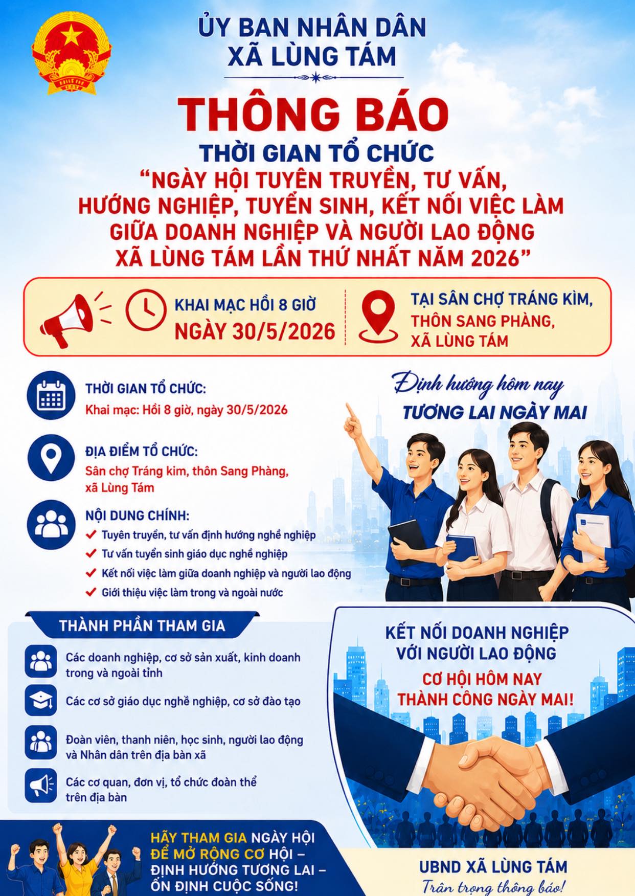 THÔNG BÁO VỀ VIỆC TỔ CHỨC NGÀY HỘI TUYÊN TRUYỀN, TƯ VẤN, HƯỚNG NGHIỆP, TUYỂN SINH, KẾT NỐI VIỆC LÀM GIỮA DOANH NGHIỆP VÀ NGƯỜI LAO ĐỘNG XÃ LÙNG TÁM LẦN THỨ NHẤT NĂM 2026