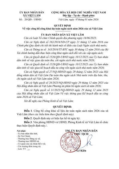 Quyết định số 20/QĐ-UBND, ngày 07/01/2026 của UBND xã Việt Lâm về việc công bố công khai dự toán ngân sách năm 2026 của xã Việt Lâm