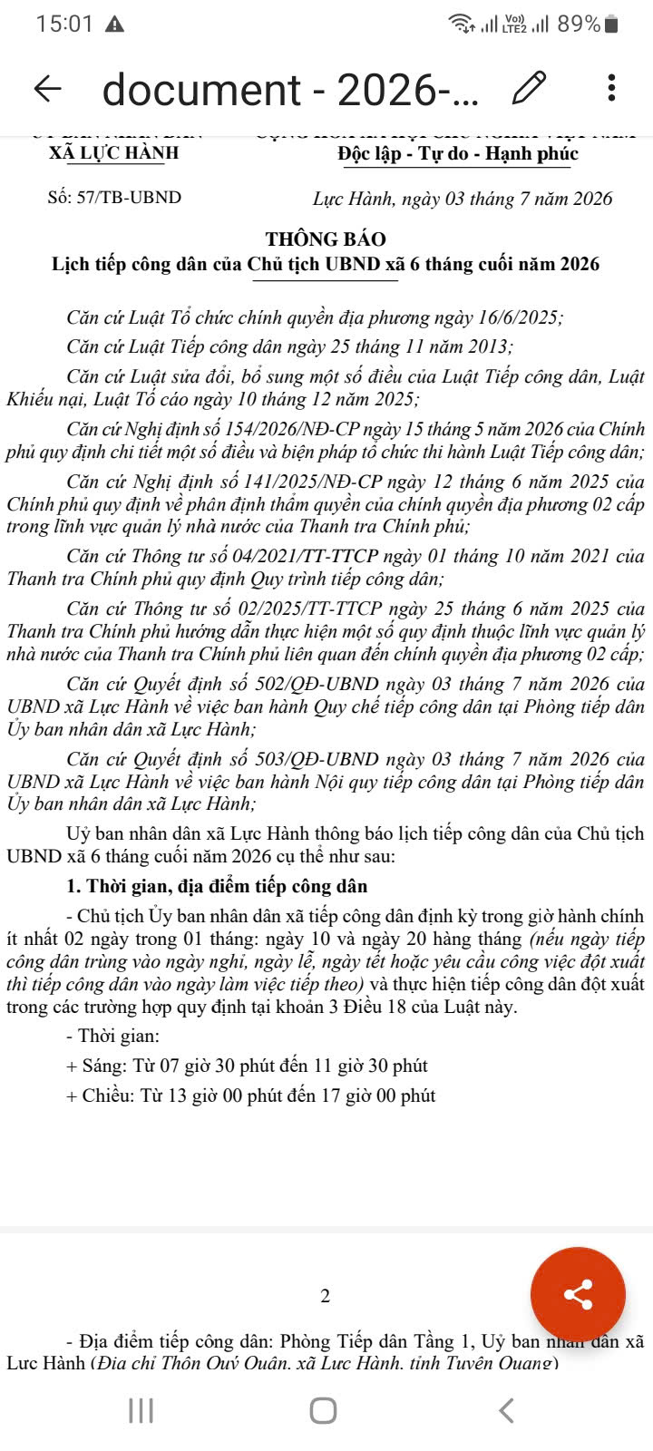 THÔNG BÁO Lịch tiếp công dân của Chủ tịch UBND xã 6 tháng cuối năm 2026