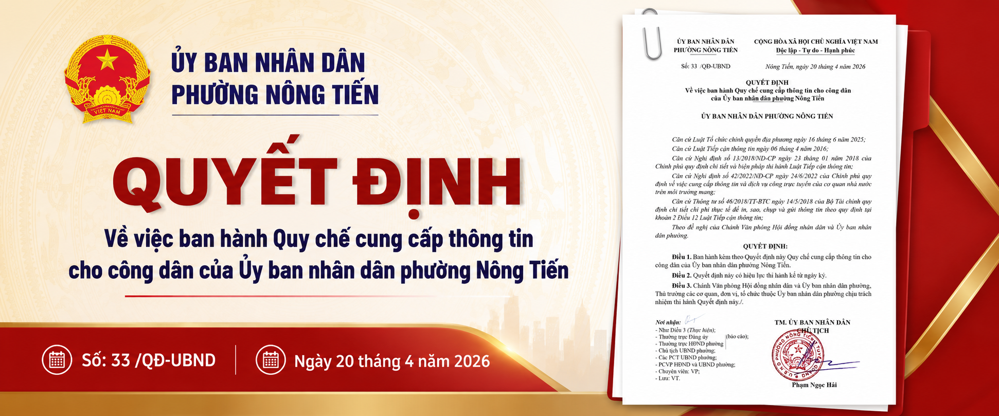 Quyết định ban hành Quy chế cung cấp thông tin cho công dân của Uỷ ban nhân dân phường Nông Tiến