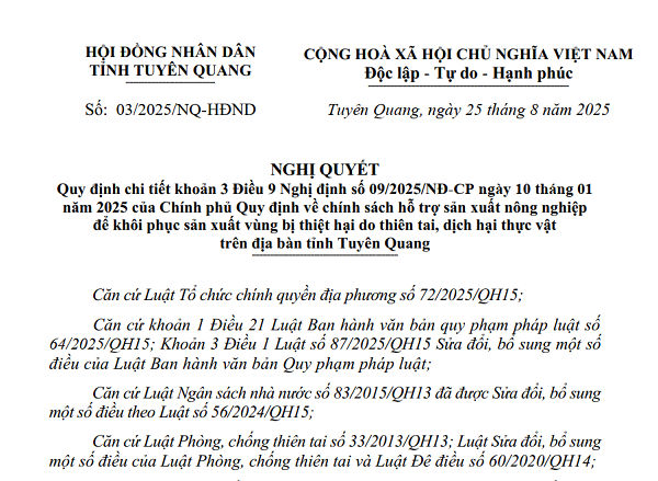 Chính sách hỗ trợ sản xuất nông nghiệp để khôi phục sản xuất vùng bị thiệt hại do thiên tai, dịch hại thực vật trên địa bàn tỉnh Tuyên Quang