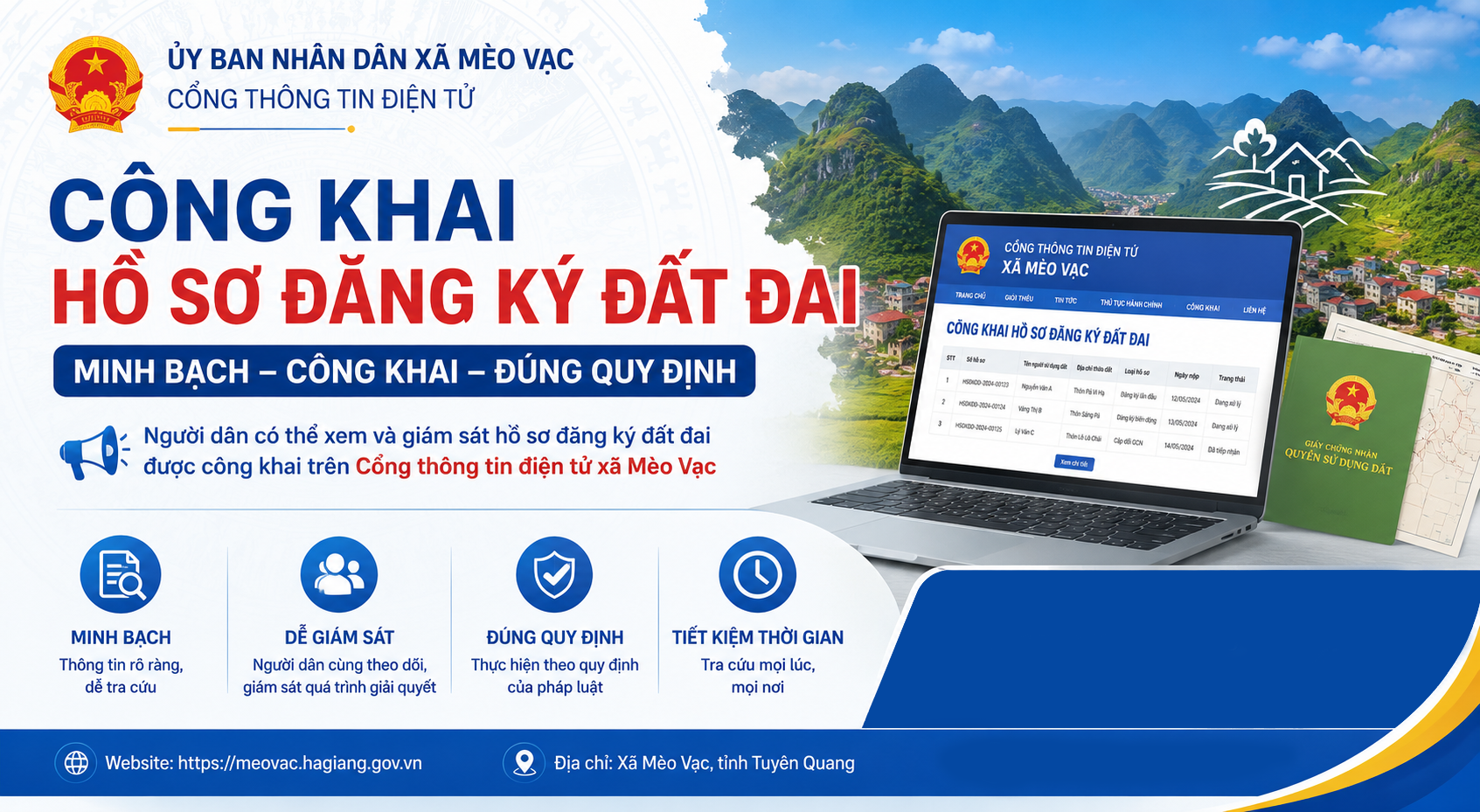 Thông báo Về việc niêm yết công khai hồ sơ đăng ký đất đai, tài sắn gắn liền với đất của bà Sùng Thị Máy thường trú tại tổ 1, xã Mèo Vạc, tỉnh Tuyên Quang