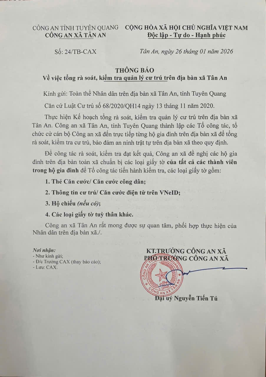 Thông báo về việc tổng rà soát, kiểm tra quản lý cư trú trên địa bàn xã Tân An