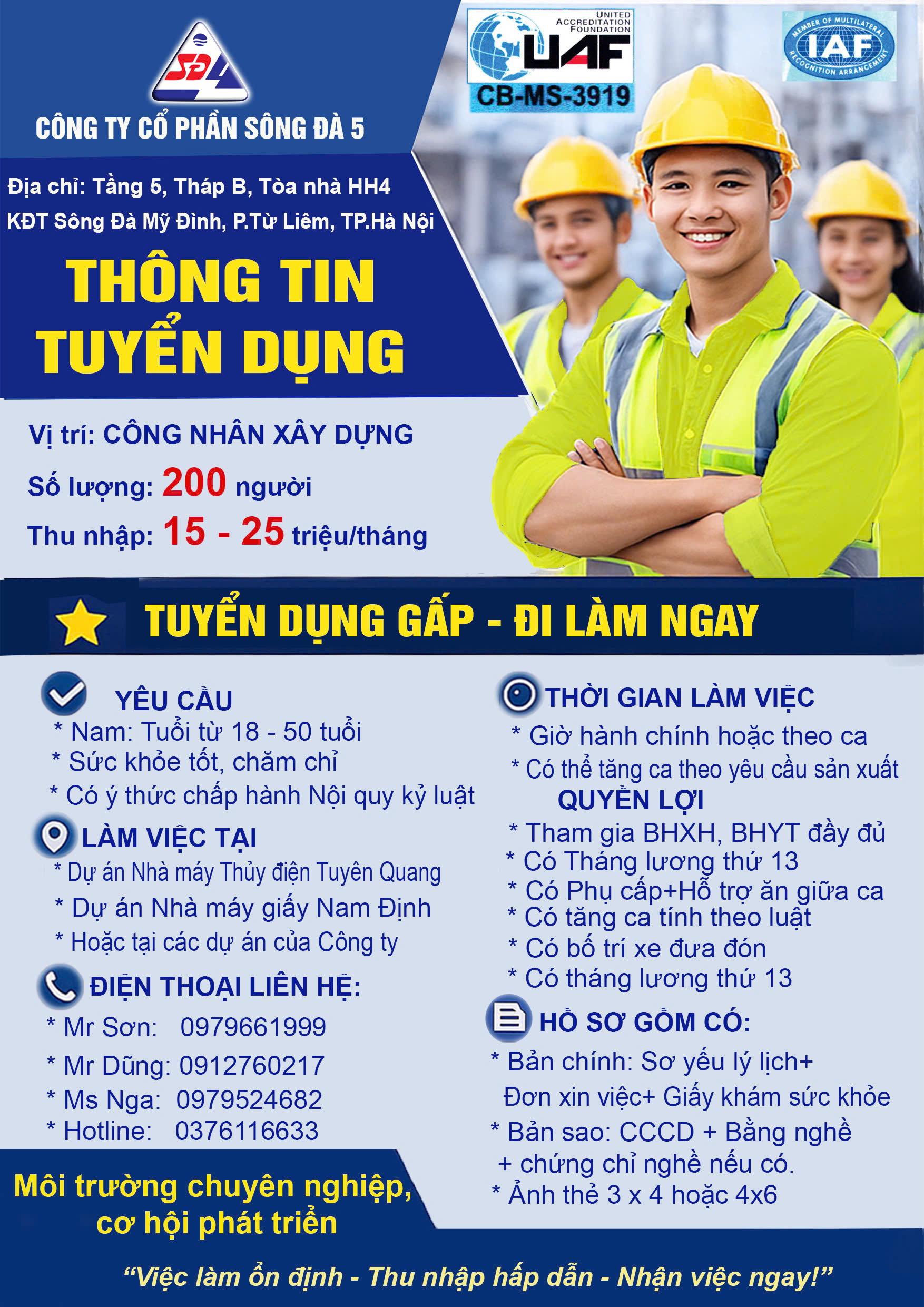 Công ty Cổ phần Sông Đà 5 thông báo tuyển dụng lao động