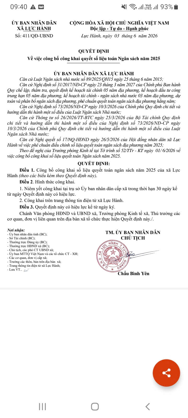 QĐ số 411/QĐ-UBND, Về việc công bố công khai quyết số liệu toán Ngân sách năm 2025