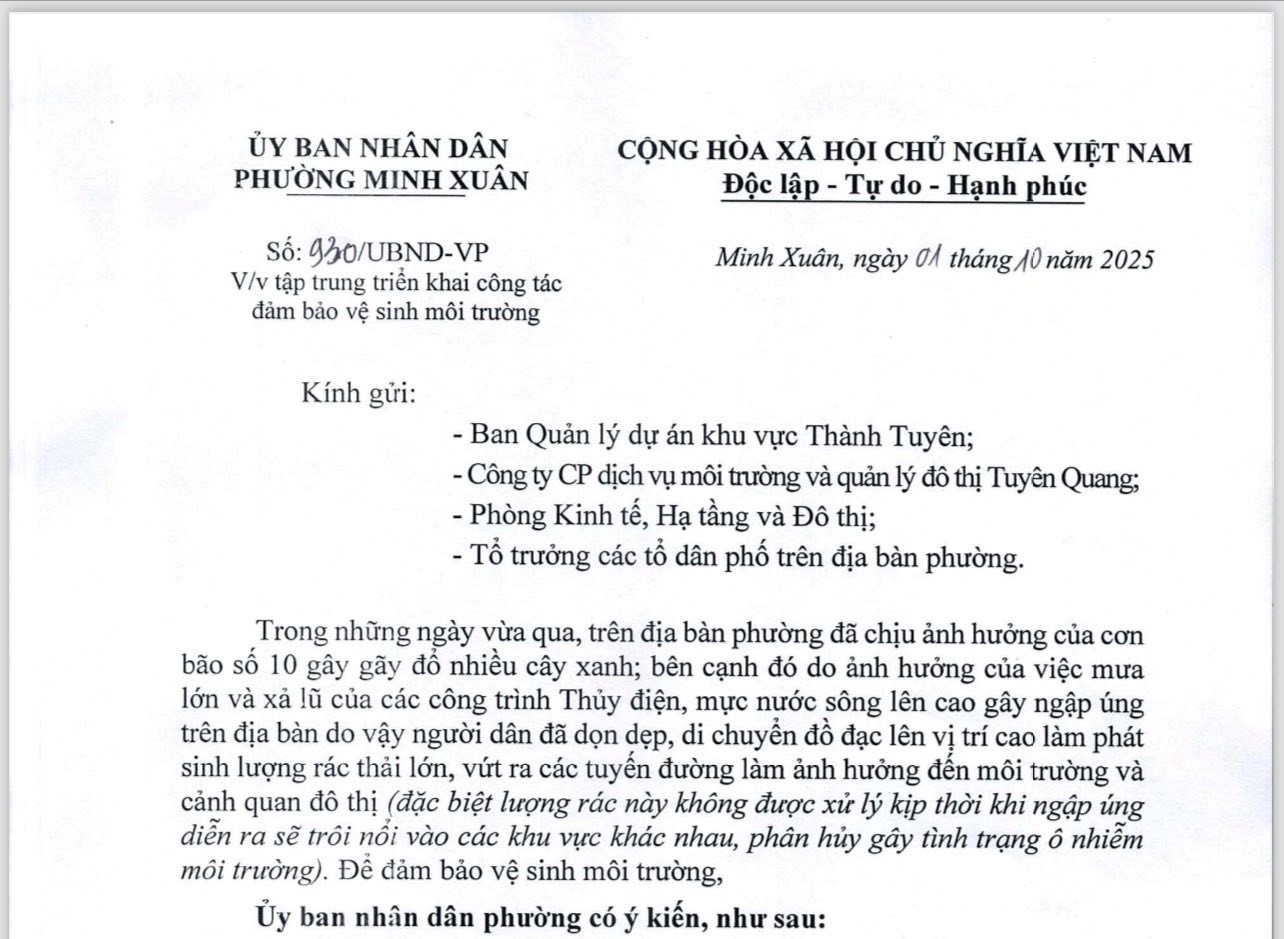Ngày 1 tháng 10 năm 2025, Ủy ban nhân dân phường Minh Xuân đã ban hành văn bản  Số: 930/UBND-VP V/v tập trung triển khai công tác đảm bảo vệ sinh môi trường