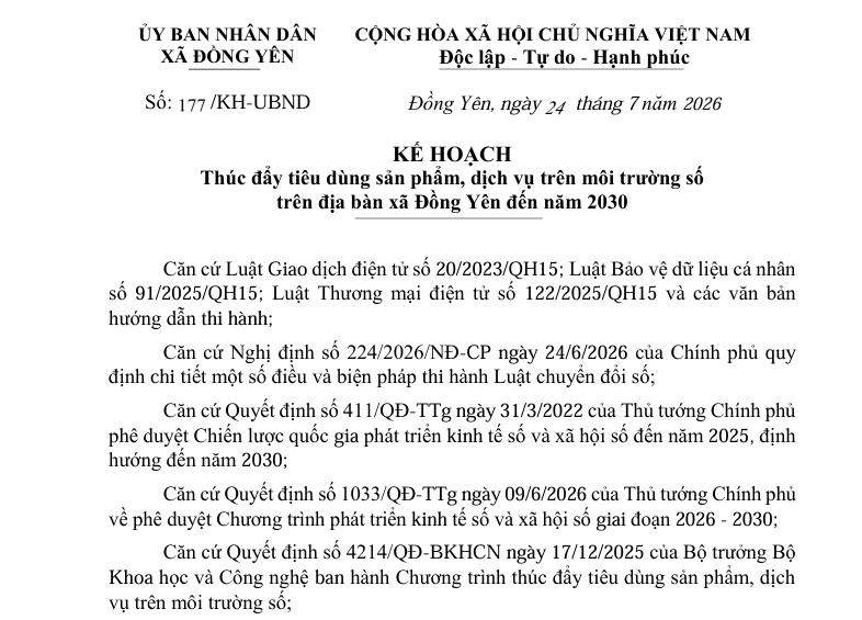 Số: 177/KH-UBND  KẾ HOẠCH  tháng 7 năm 2026  Thúc đẩy tiêu dùng sản phẩm, dịch vụ trên môi trường số  trên địa bàn xã Đồng Yên đến năm 2030 