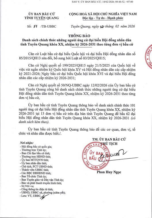 Thông báo danh sách những người ứng cử Đại biểu HĐND tỉnh Tuyên Quang khóa XX, nhiệm kỳ 2026-2031 theo từng đơn vị bầu cử