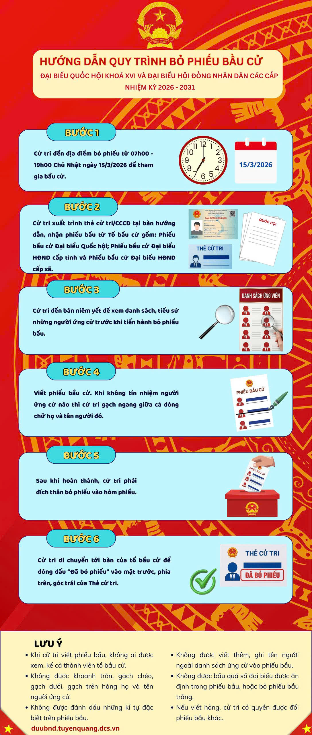Quy trình 6 bước bỏ phiếu bầu cử đại biểu Quốc hội khóa XVI và đại biểu HĐND các cấp nhiệm kỳ 2026 - 2031