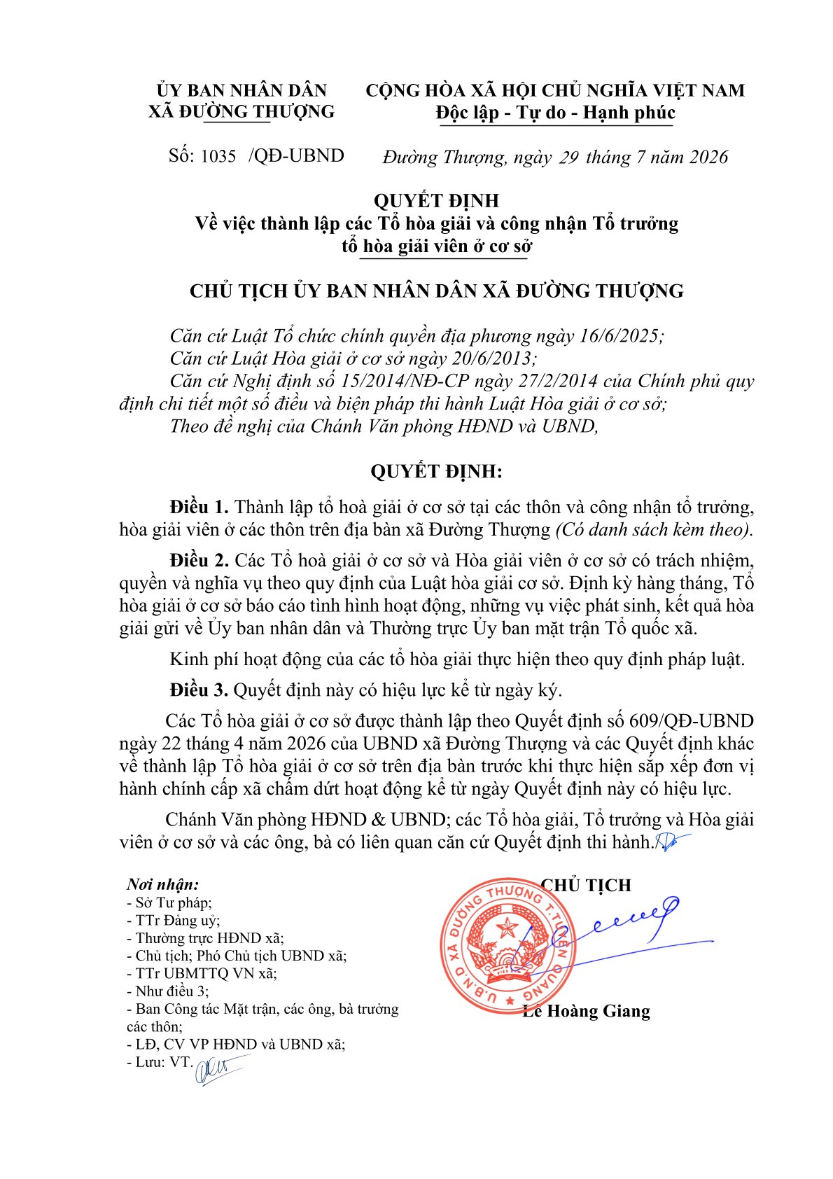 XÃ ĐƯỜNG THƯỢNG THÀNH LẬP CÁC TỔ HÒA GIẢI Ở CƠ SỞ VÀ CÔNG NHẬN TỔ TRƯỞNG TỔ HÒA GIẢI VIÊN