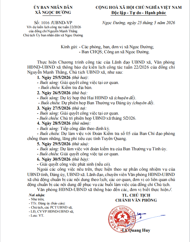 Công văn số: 1016/UBND-VP ngày 25/5/2026 của UBND xã về việc dự kiến lịch công tác tuần 22/2026 của đồng chí Nguyễn Mạnh Thắng Chủ tịch Ủy ban nhân dân xã Ngọc Đường