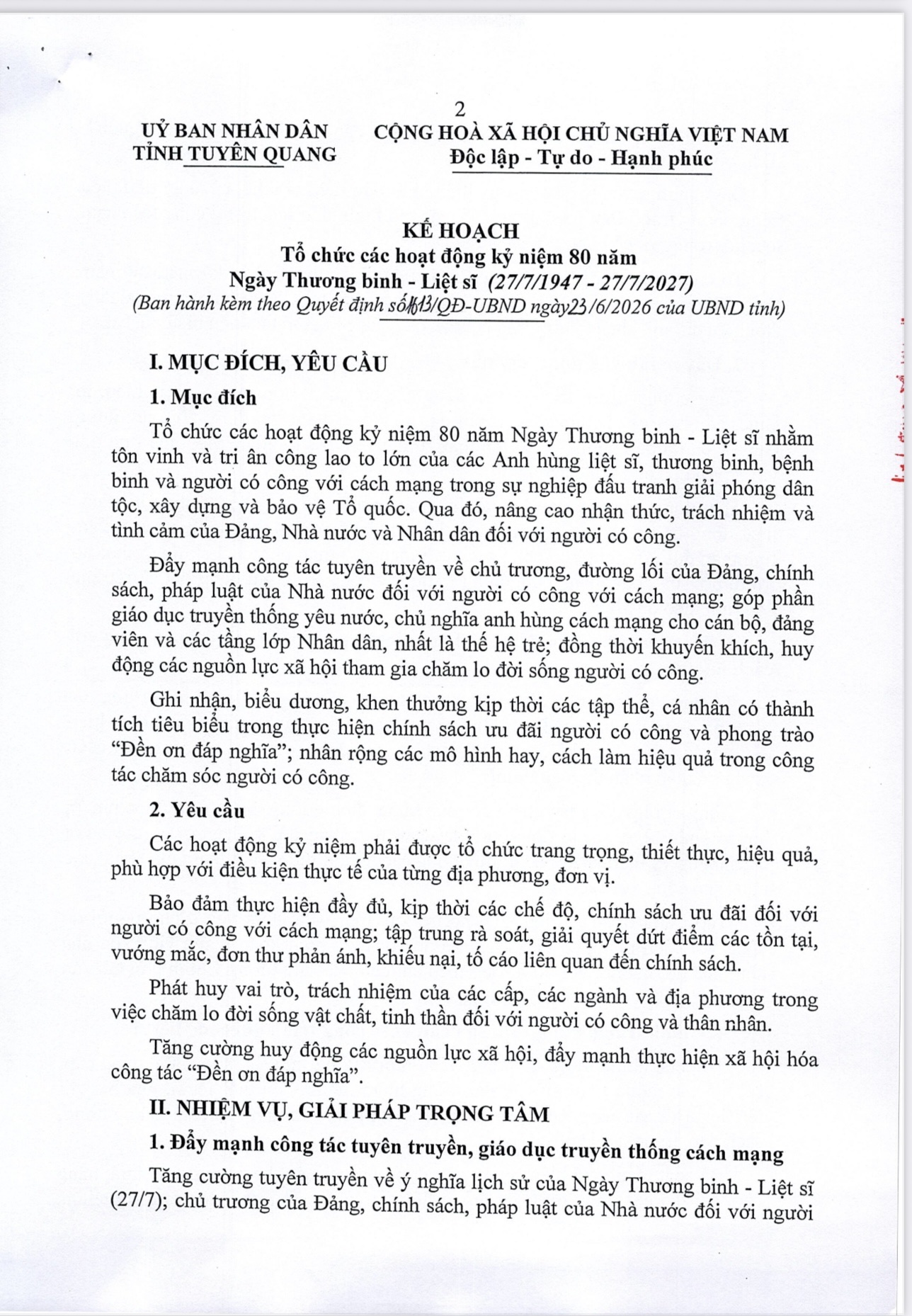 KẾ HOẠCH: Tổ chức các hoạt động kỷ niệm 80 năm Ngày Thương binh - Liệt sĩ (27/7/1947 - 27/7/2027)