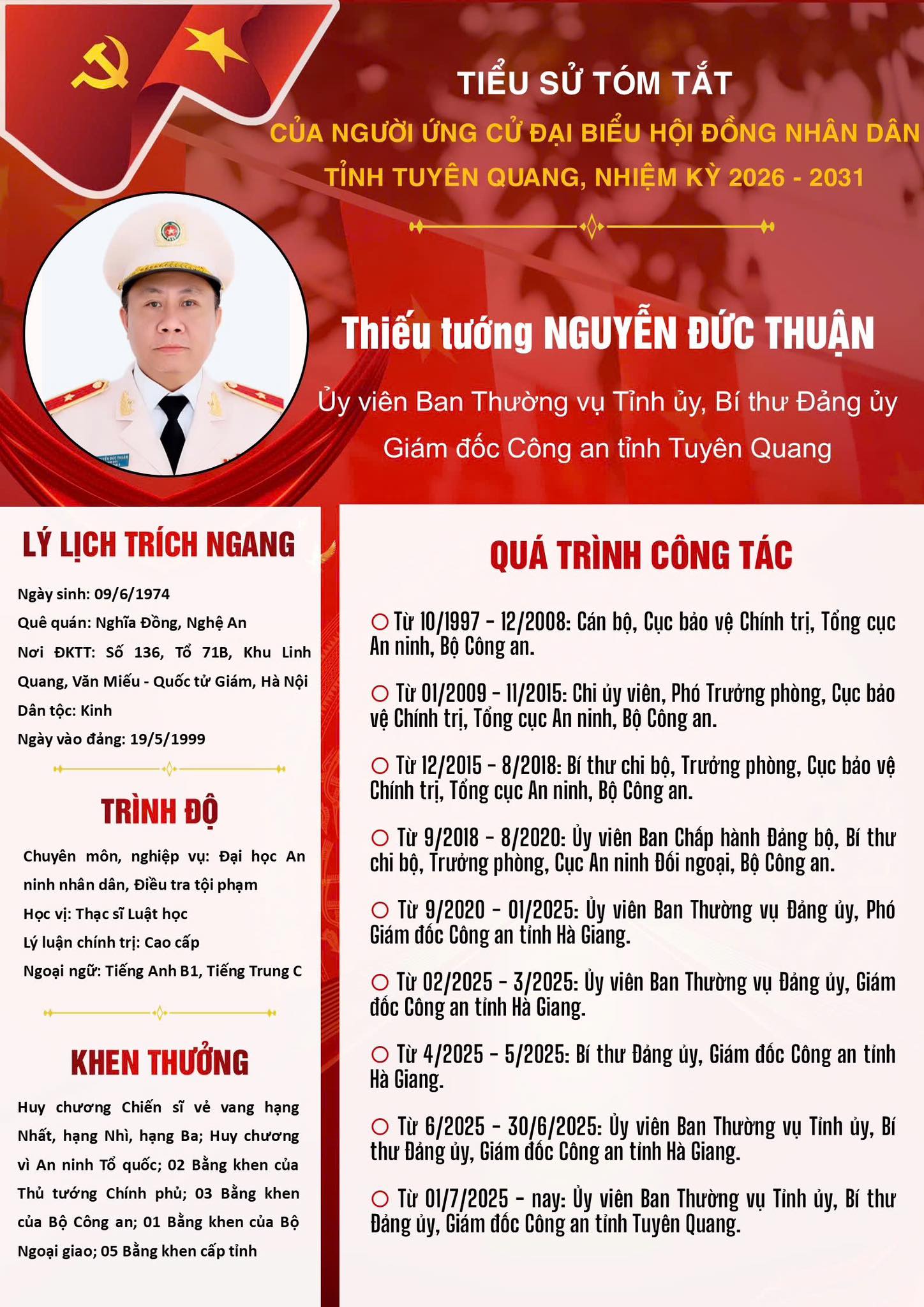Công an tỉnh Tuyên Quang trân trọng giới thiệu đồng chí Thiếu tướng Nguyễn Đức Thuận, Uỷ viên Ban Thường vụ Tỉnh uỷ, Bí thư Đảng uỷ, Giám đốc Công an t  ỉnh ứng cử đại biểu HĐND tỉnh Tuyên Quang, nhiệm kỳ 2026 - 2031.