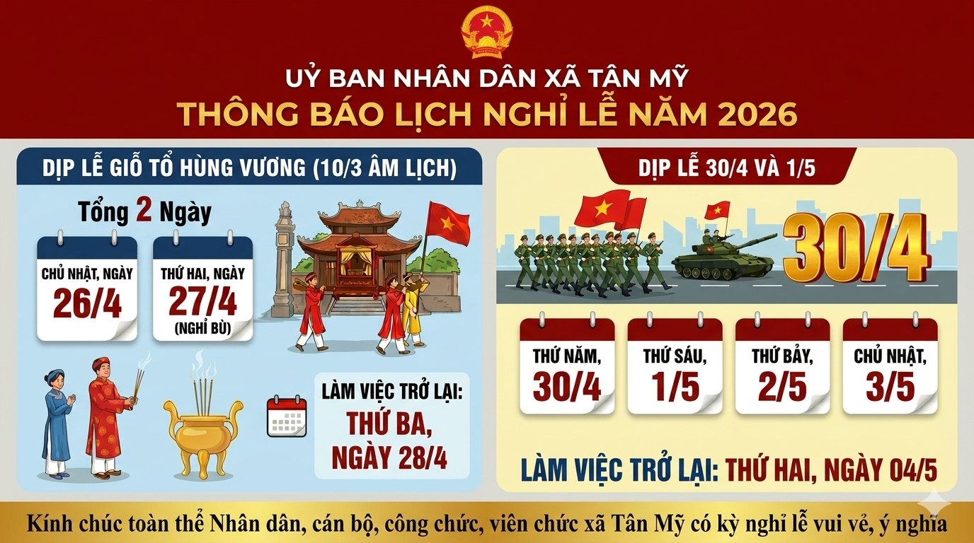 THÔNG BÁO LỊCH NGHỈ LỄ CỦA UBND XÃ TÂN MỸ.