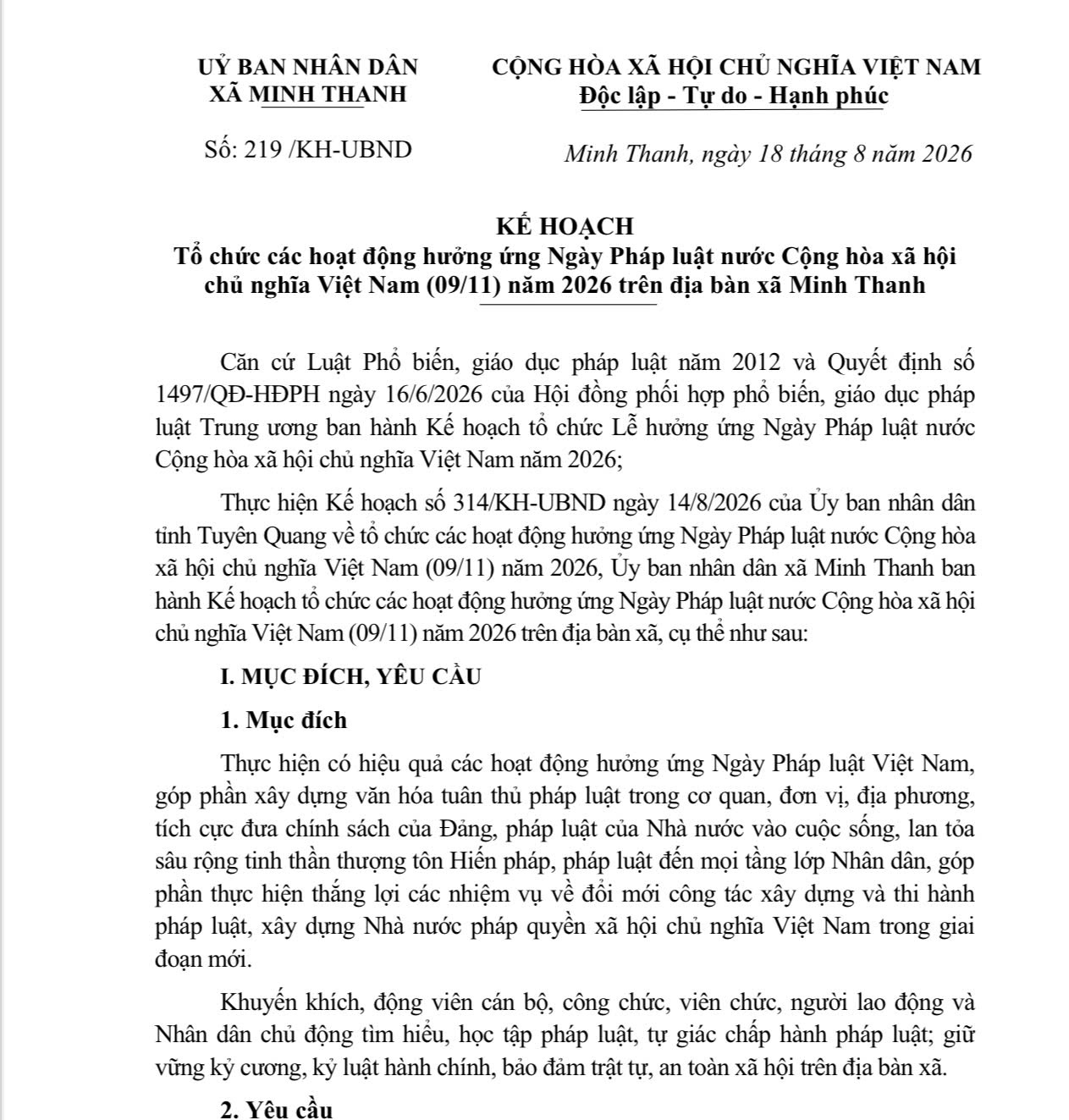 Kế hoạch Tổ chức các hoạt động hưởng ứng Ngày Pháp luật nước Cộng hòa xã hội  chủ nghĩa Việt Nam (09/11) năm 2026 trên địa bàn xã Minh Thanh
