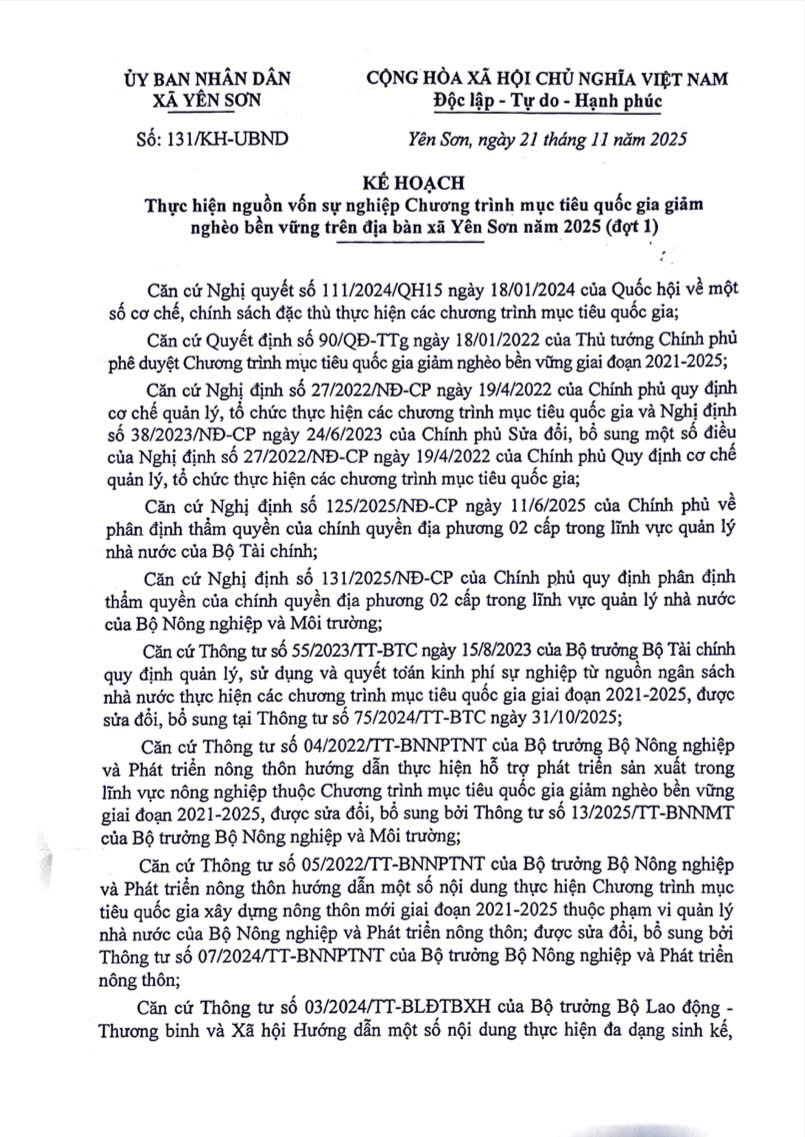 Kế hoạch số 131/KH-UBND thực hiện nguồn vốn sự nghiệp Chương trình mục tiêu quốc gia giảm nghèo bền vững trên địa bàn xã Yên Sơn năm 2025 (đợt 1)