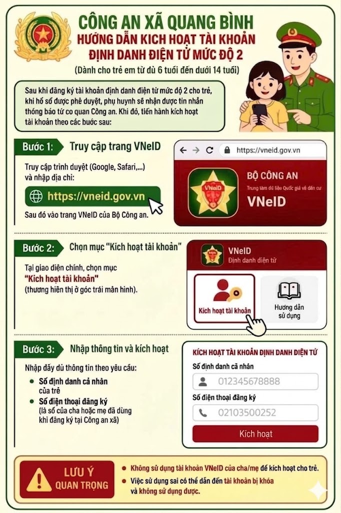THÔNG BÁO HƯỚNG DẪN KÍCH HOẠT TÀI KHOẢN ĐỊNH DANH ĐIỆN TỬ MỨC ĐỘ 2 CHO TRẺ EM