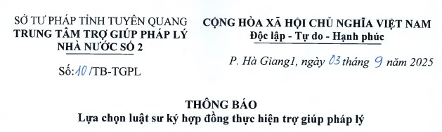 Thông báo kết quả lựa chọn Luật sư ký hợp đồng Trợ giúp pháp lý