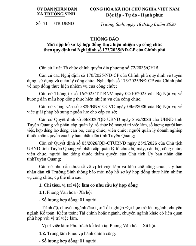 ỦY BAN NHÂN DÂN XÃ TRƯỜNG SINH THÔNG BÁO TUYỂN HỢP ĐỒNG THỰC HIỆN NHIỆM VỤ CÔNG CHỨC