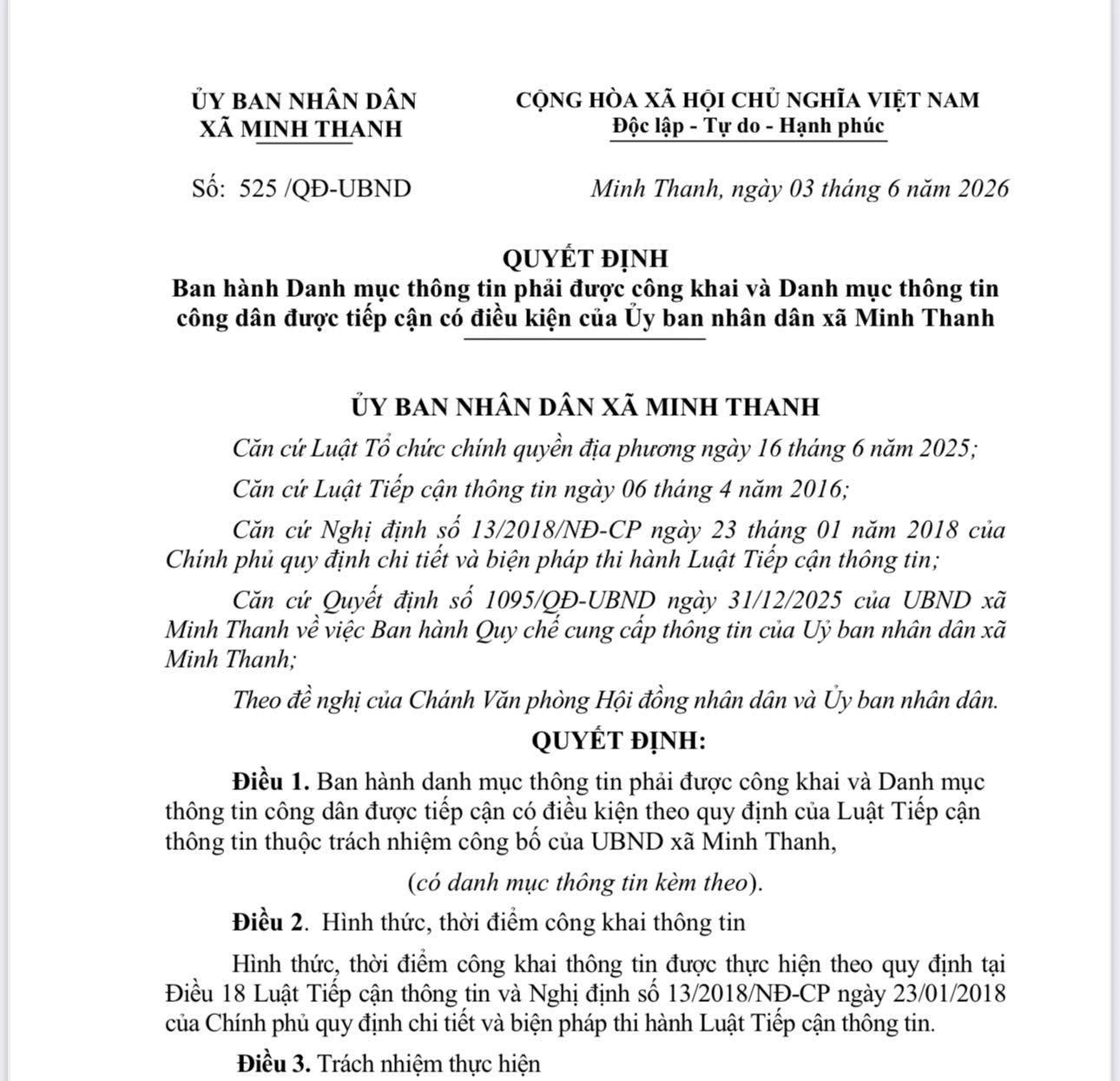 Quyết định Ban hành Danh mục thông tin phải được công khai và Danh mục thông tin công dân được tiếp cận có điều kiện