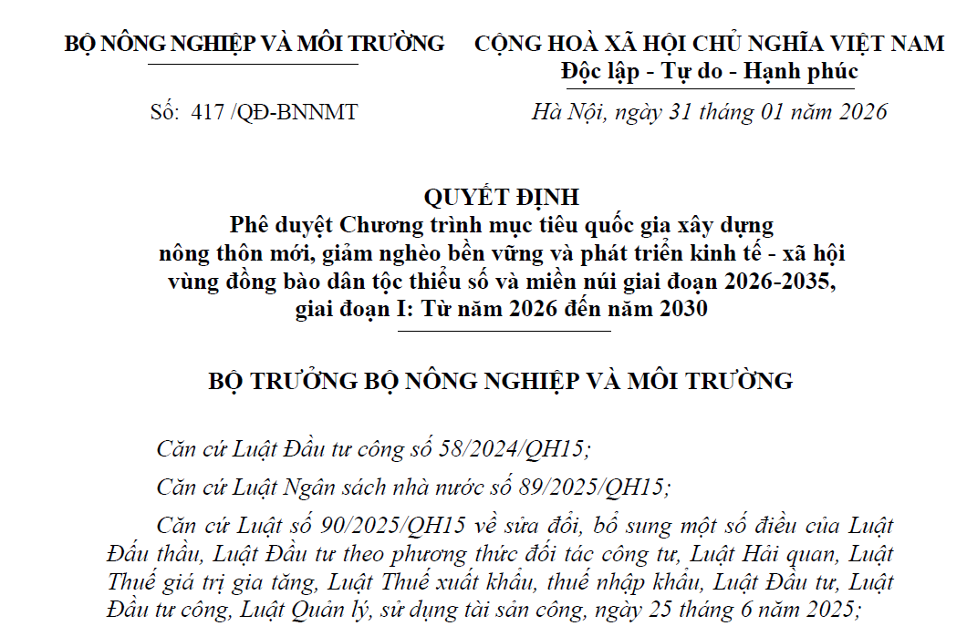 Quyết định 417/QĐ-BNNMT, ngày 31/01/2026 của  Bộ nông nghiệp và Môi trường: Phê duyệt Chương trình mục tiêu quốc gia xây dựng nông thôn mới, giảm nghèo bền vững và phát triển kinh tế - xã hội vùng đồng bào dân tộc thiểu số và miền núi giai đoạn 2026-2035, giai đoạn I: Từ năm 2026 đến năm 2030