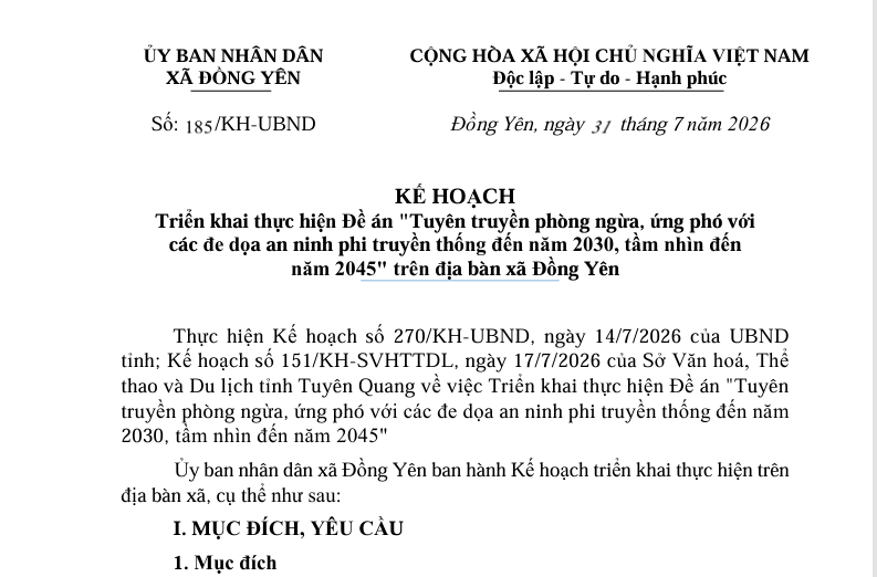 Số: 185/KH-UBND   KẾ HOẠCH  tháng 7 năm 2026  Triển khai thực hiện Đ  ề án "Tuyên truyền phòng ngừa, ứng phó với  các đe dọa an ninh phi truyền thống đến năm 2030, tầm nhìn đến  năm 2045" trên địa bàn xã Đồng Yên
