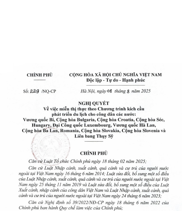 Nghị quyết 229/NQ-CP: Miễn thị thực theo Chương trình kích cầu phát triển du lịch cho công dân 12 nước