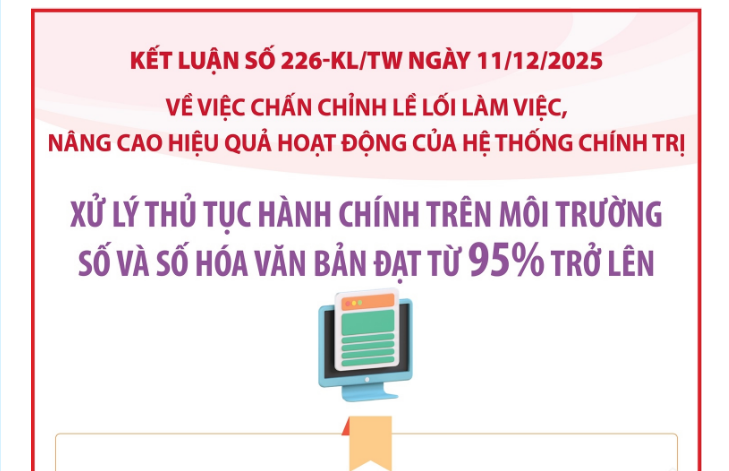 Kết luận số 226-KL/TW: Xử lý thủ tục hành chính trên môi trường số và số hóa văn bản đạt từ 95% trở lên