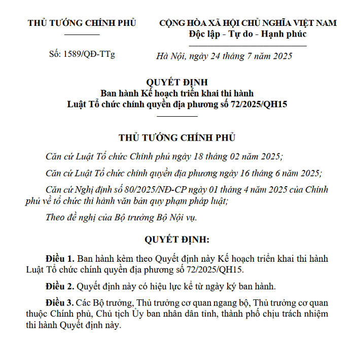 Quyết định ban hành Kế hoạch triển khai thi hành Luật Tổ chức chính quyền địa phương số 72/2025/QH15